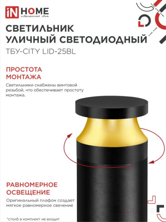 Светильник уличный светодиодный на столб ТБУ-CITY TOR-25BL 25Вт 3000/4000/6500К 90x120мм черный IP54 IN HOME