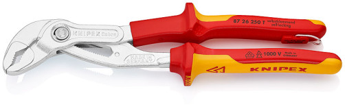 KNIPEX COBRA® клещи переставные с фиксатором, VDE, 50 мм (2"), под ключ 46 мм, L-250 мм,., хром, 2-к ручки, страх. крепл.