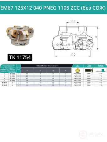 Фреза торцевая насадная 125 мм, посадка 40 мм, 12 зубьев EM67 125X12 040 PNEG 1105 ZCC (без СОЖ) под пластину ZCC-CT