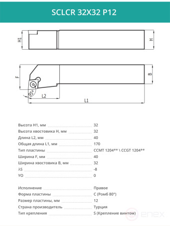 SCLCR 32X32 P12 резец токарный проходной правый 32x32 мм / пластина 12 мм, CCMT 1204**