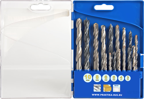 Набор сверл комбинированный ПРАКТИКА "Профи", 18 шт, металлу/бетону/дереву 3,4,5,6,8,10 мм (640-391)
