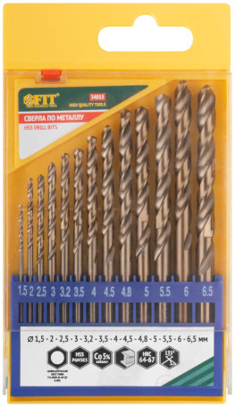 Набор сверл HSS по металлу с добавкой кобальта 5%, 13 шт. (1,5-2-2,5-3-3,2-3,5-4-4,5-4,8-5-5,5-6-6,5 мм)