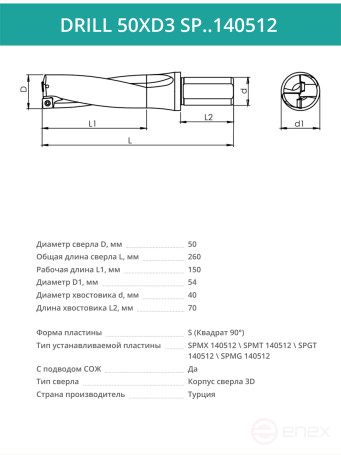 DRILL 50XD3 SP..140512 сверло корпусное - 50 мм / пластина SPMX 140512; SPMT 140512