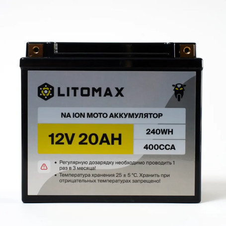 Натриевый стартовый мото аккумулятор ЛИТОМАКС Na+12V 20Ah 240Wh 400CCA YT20 R+ IP67
