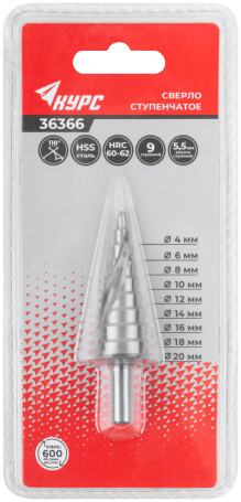 HSS step drill for metal, spiral profile, 9 steps, 4-20 mm
