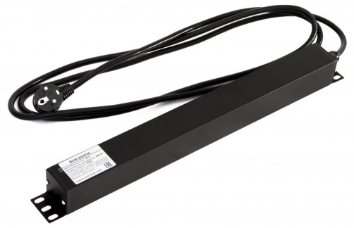 SHE19-9SH-2.5EU Блок розеток для 19" шкафов, горизонтальный, 9 розеток Schuko, кабель питания 2.5м (3х1.5мм2) с вилкой Schuko 16A, 250В, 482.6x44.4x44.4мм (ДхШхВ), корпус сталь, цвет черный
