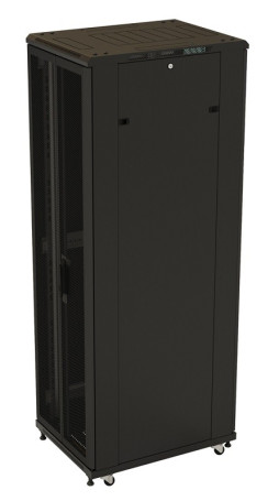 TTB-1868-DD-RAL9004 Floor cabinet 19-inch, 18U, 988x600x800 mm (HxWxD), front and rear hinged perforated doors (75%), handle with lock, new type roof, color black (RAL 9004) (disassembled)