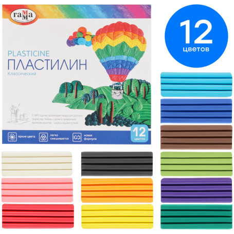 Plasticine Gamma "Classic", 12 colors, 240g, with stack, cardboard. pack. (spike 1+1)