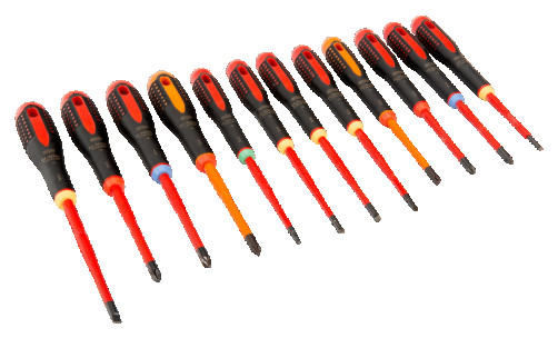 Set of insulated ERGO slotted screwdrivers /Phillips/Pozidriv/TORX with a thin rod, 12 pcs