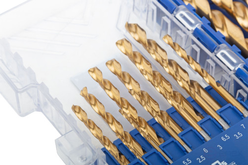 A set of HSS metal drills, ground, titanium coating, 135° sharpening angle, layer. case, 19 pcs. (1-10 mm, through 0.5 mm)