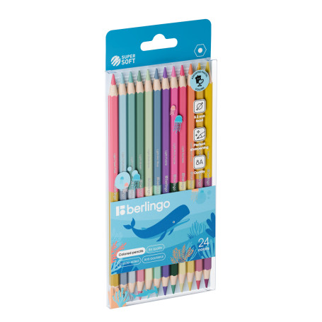Colored pastel double-sided Berlingo "SuperSoft" pencils. Pastel", 24 colors, 12 pcs., sharpened, European weight