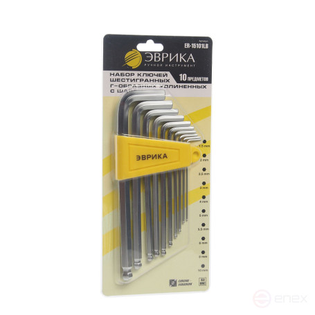 Набор ключей шестигранных ER-15101LB:Г-образных удлиненных с шаром 1.5-10мм 10пр. ЭВРИКА /1/12/60