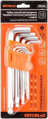 Набор Г-обр. шестигр. 10ч (1/16"-1/2"; CR-V; удлинённые; с шаром) АвтоDело (39152)