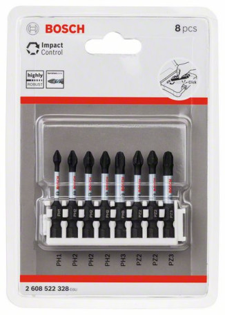 Set of 8 bits for Impact Control screwdriver, 1 pc. PH1, 3 pcs. PH2, 1 pc. PH3, 2 pcs. PZ2, 1 pc. PZ3, 2608522328