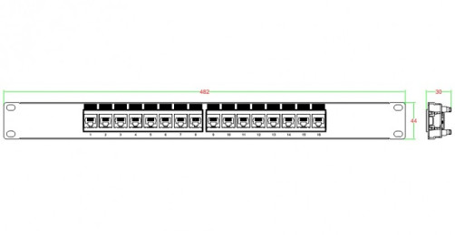 PP3-19-16- 8P8C-C5E-110D Patch Panel 19", 1U, 16 RJ-45 ports, Category 5e, Dual IDC, ROHS, Color Black