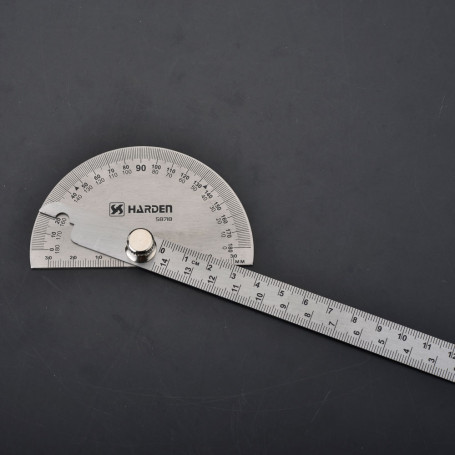 Measuring ruler made of stainless steel with a protractor, 90 x 150 mm.// HARDEN