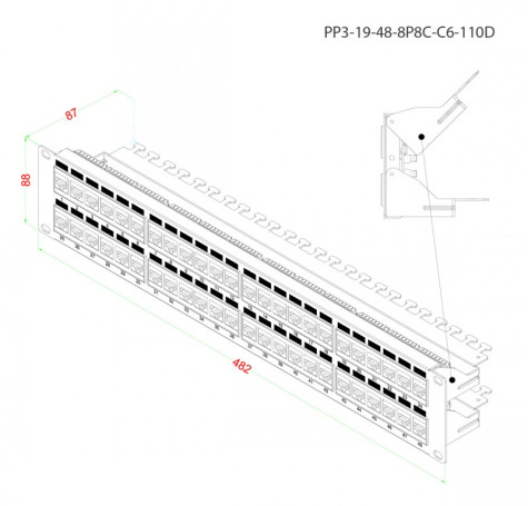 PP3-19-48-8P8C-C6-110D Патч-панель 19", 2U, 48 портов RJ-45, категория 6, Dual IDC, ROHS, цвет черный (задний кабельный организатор в комплекте)