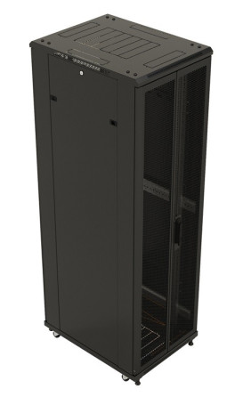 TTB-4288-DD-RAL9004 Floor cabinet 19-inch, 42U, 2055x800x800 mm (HxWxD), front and rear hinged perforated doors (75%), handle with lock, 2 vertical cable organizers, new type roof, color black (RAL 9004) (disassembled)