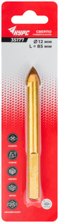 Сверло универсальное по кафелю, стеклу, керамограниту, бетону, кирпичу, трехгранный хвостовик, 12х85 мм