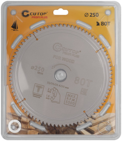 Диск пильный по дереву с тефлоновым покрытием 80Т, CUTOP Profi plus, 250 х 1,8/2,6 х 32/30/25,4/20 мм