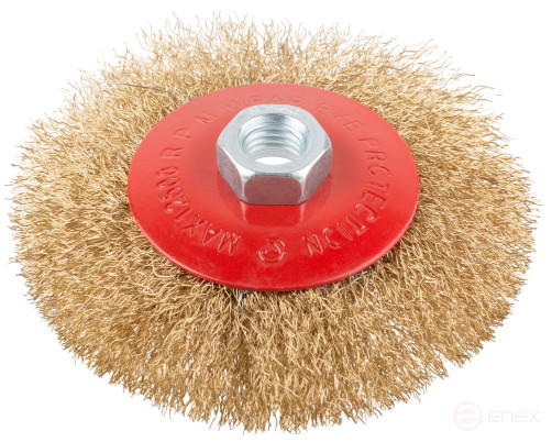 Корщетка-колесо с наклоном, гайка М14, стальная волнистая латунированная проволока 115 мм