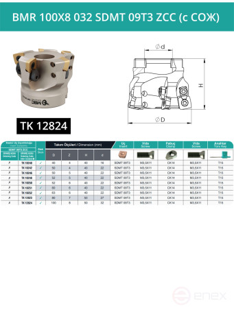Milling cutter head 100 mm, fit 32 mm, 8 teeth BMR 100X8 032 SDMT 09T3 ZCC (with coolant) for the ZCC-CT plate