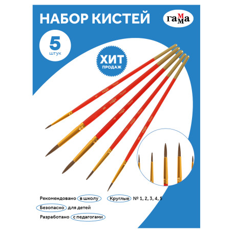 Набор кистей Гамма "Классические" 5шт., пони, круглые № 1, 2, 3, 4, 5, блистер, европодвес