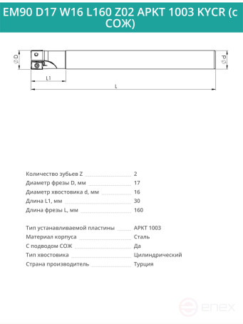 Концевая фреза корпусная 17 мм, 2 зуба, L 160 мм / EM90 D17 W16 L160 Z02 APKT 1003 KYCR (с СОЖ)