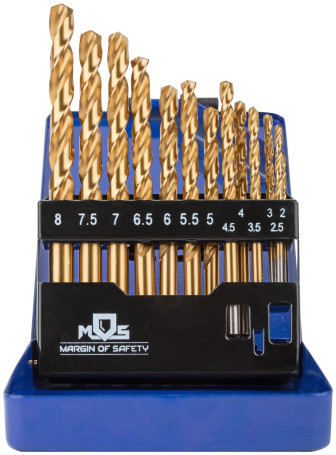 Set of HSS metal drills, ground, titanium coating, sharpening angle 135°, met.box, 13 pcs. (2-2,5-3-3,5-4-4,5-5-5,5-6-6,5-7-7,5-8 mm)