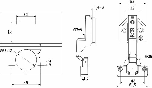 Петля внутренняя с доводчиком 48мм h3 clip-on AKS PLUS 3D (саморезы, заглушки)