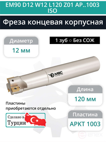 Концевая фреза корпусная 12 мм, 1 зуб, L 120 мм / EM90 D12 W12 L120 Z01 AP..1003 ISO (без СОЖ)