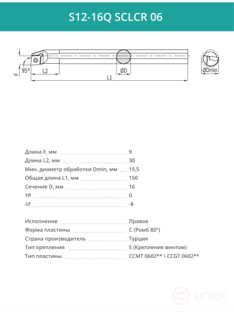 S12-16Q SCLCR 06 внутренний токарный расточной резец правый, 16 мм / пластина CCMT 0602**