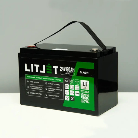 Литиевый аккумулятор тяговый LITJET BLACK LiFePO4 24V 60Ah 1536Wh IP65 small monitor