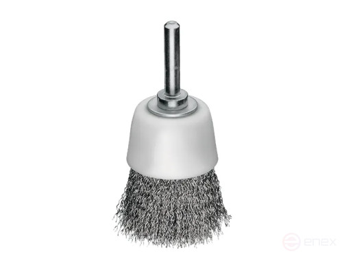 Щетка чашечная гофрированная, пластиковый корпус, Д50 мм, хвостовик 6 мм, нержавеющая гофрированная проволока ROF 0,30 мм