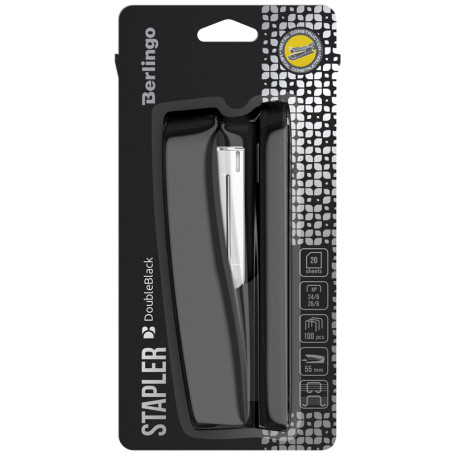 Степлер №24/6, 26/6 Berlingo "DoubleBlack", до 20 л., пластиковый корпус, черный