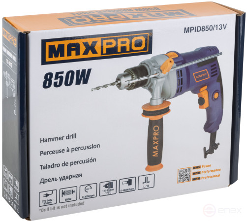 MAX-PRO Дрель ударная 850 Вт; 0-3000 об/мин; ключевой патрон 1,5-13 мм; 2,4 кг; антивибрационная ручка; меалл. корпус редуктора; резиновые вставки; ко