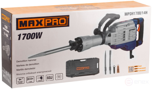 MAX-PRO Electric jackhammer 1700 W; 1900 rpm; 60 J; 30 mm HEX; 14 kg; rubber cable; additional brushes; case