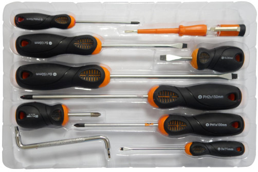 Set of professional screwdrivers with tester, CrV, 2-component ergonomic handle, 10 pcs.// HARDEN