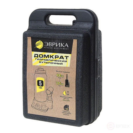 Домкрат гидравлический ER-80051S бутылочный с клапаном 5т, ремкомплект (выс. подъема 215-400мм) в кейсе ЭВРИКА /1/5
