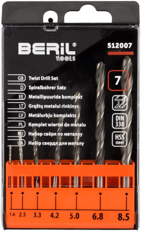 A set of drills for metal 1.6-8.5mm (7 pcs.pl/case) BERIL