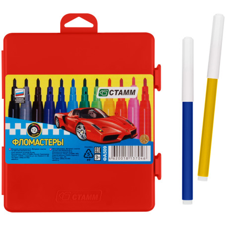 Stamp markers "Cars", 12 colors, washable, red plastic. pencil case, European suspension