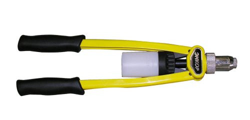 Pliers for installing rivets with elongated handles, with a universal nozzle