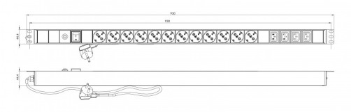 SHE-12SH-4IEC-SF-2.5EU Socket block, vertical, 12 Schuko sockets, 4 IEC320 C13 sockets, off with backlight, overvoltage protection, 2.5m (3x1.5mm2) power cable with Schuko plug 16A, 250V, 950x44.4x44.4mm (LxWxH), housing steel, black