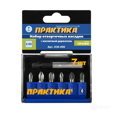 Набор бит ПРАКТИКА "Профи" 7шт PH1,2,3; PZ1,2,3 x 25мм, магнитный держатель, кассета (036-490)