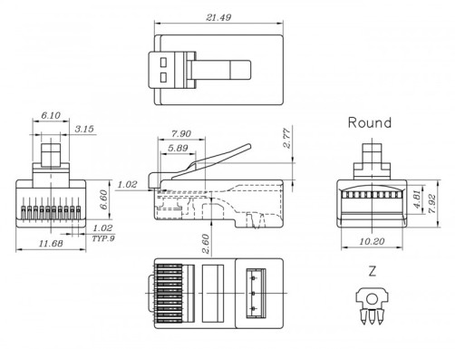 PLUG-10P10C-U-06-10 Разъем RJ-50(10P10C), универсальный (для одножильного и многожильного кабеля), для круглого кабеля, напыление 6µ"/ 6 микродюймов (10 шт)