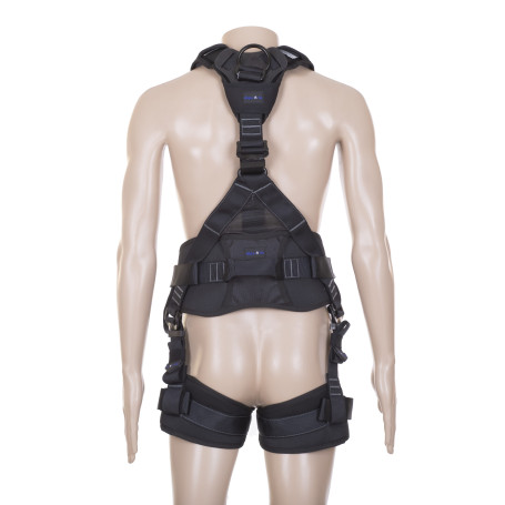 Safety harness with integrated belt for holding and positioning, with fastening element for working in a sitting position DVX13