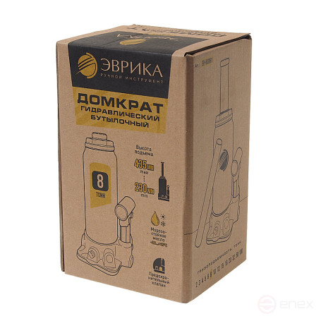 Домкрат гидравлический ER-80081 бутылочный с клапаном 8т, ремкомплект (выс. подъема 230-435мм) ЭВРИКА /1/4