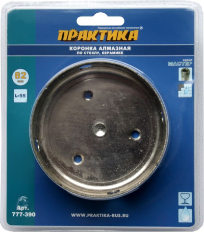 Коронка алмазная ПРАКТИКА "Мастер" по стеклу и керамике 82 мм (1шт) блистер (777-390)