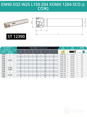 Концевая фреза корпусная 32 мм, 4 зуба, L 150 мм / EM90 D32 W25 L150 Z04 XOMX 1204 SCO (с СОЖ)
