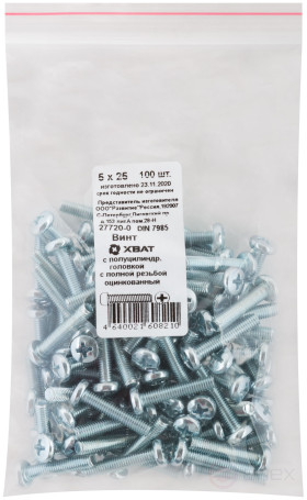 A semi-cylindrical screw. a head with a full thread of pins. DIN 7985 5x25 (packing 100 pcs)